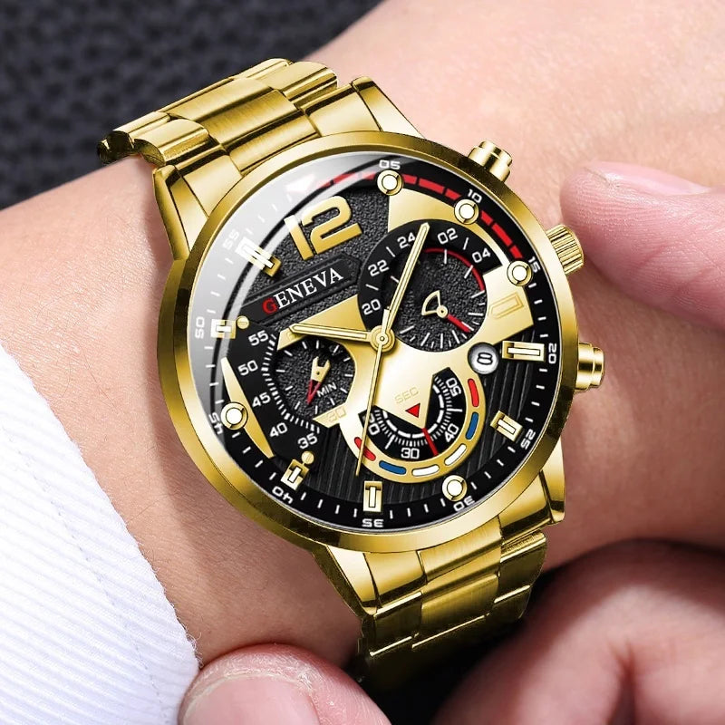 4PCS Men Business Watches Fashion Steel Band Analog Male's Quartz Watch Jewelry Set Relogio Masculino Clock Gift（Without Box）